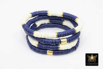 Heishi Beaded Bracelet, Navy and Off White Gold Stretchy Bracelet #3331, Team School Spirit Clay Beaded Bracelets